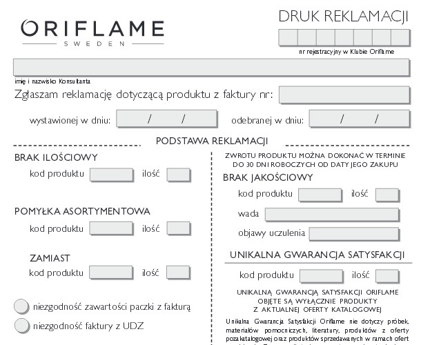 Druk reklamacji Oriflame